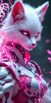 The primary subject of the image is a white cat with pink eyes, wearing a futuristic outfit. The cat is the main focus of the image, and it appears to be a digital art or illustration. The setting is a dark room, and the visual style gives the impression of a futuristic or cyberpunk theme. The dominant colors are white and pink, creating a unique and eye-catching appearance. The overall atmosphere of the image is mysterious and intriguing.